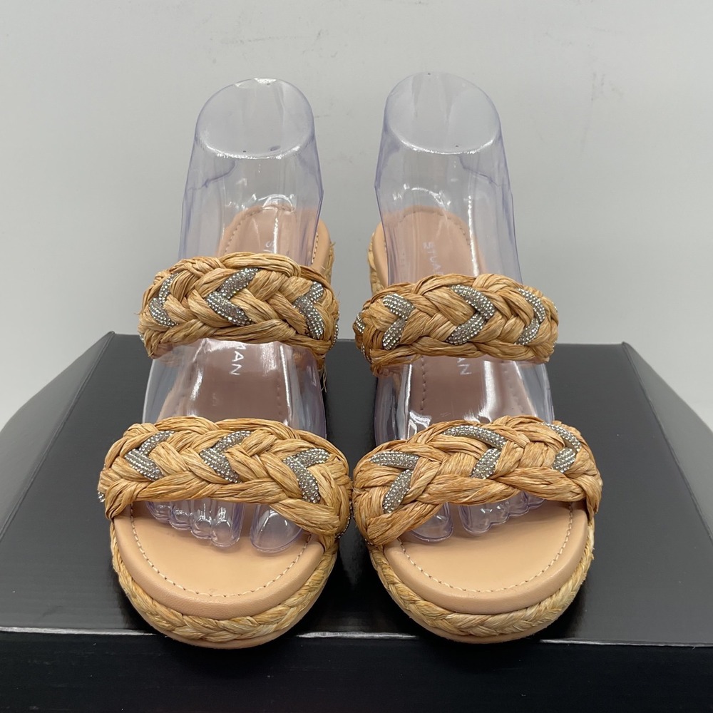 Stuart Weitzman Braided Raffia Crystal Wedge Sandals Natural Tan Women Size 8 - Picture 5 of 14
